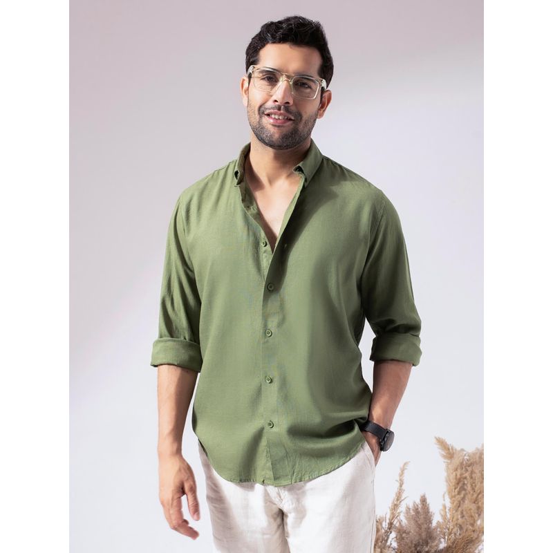Perch Men Moss Green Linen Cotton Shirt (S)