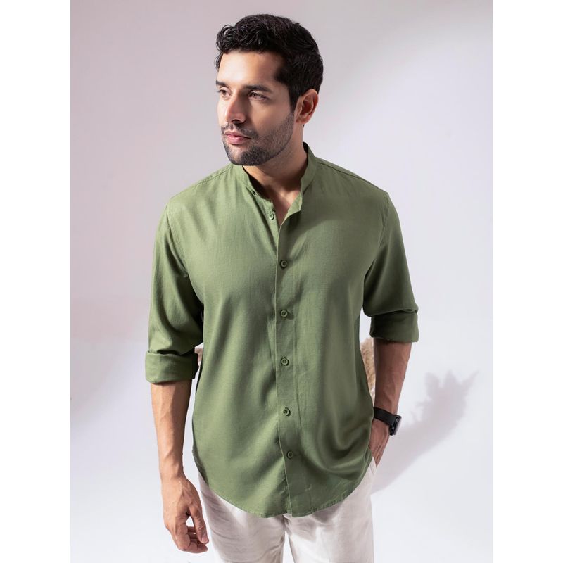 Perch Men Moss Green Linen Cotton Band Collar Shirt (2XL)