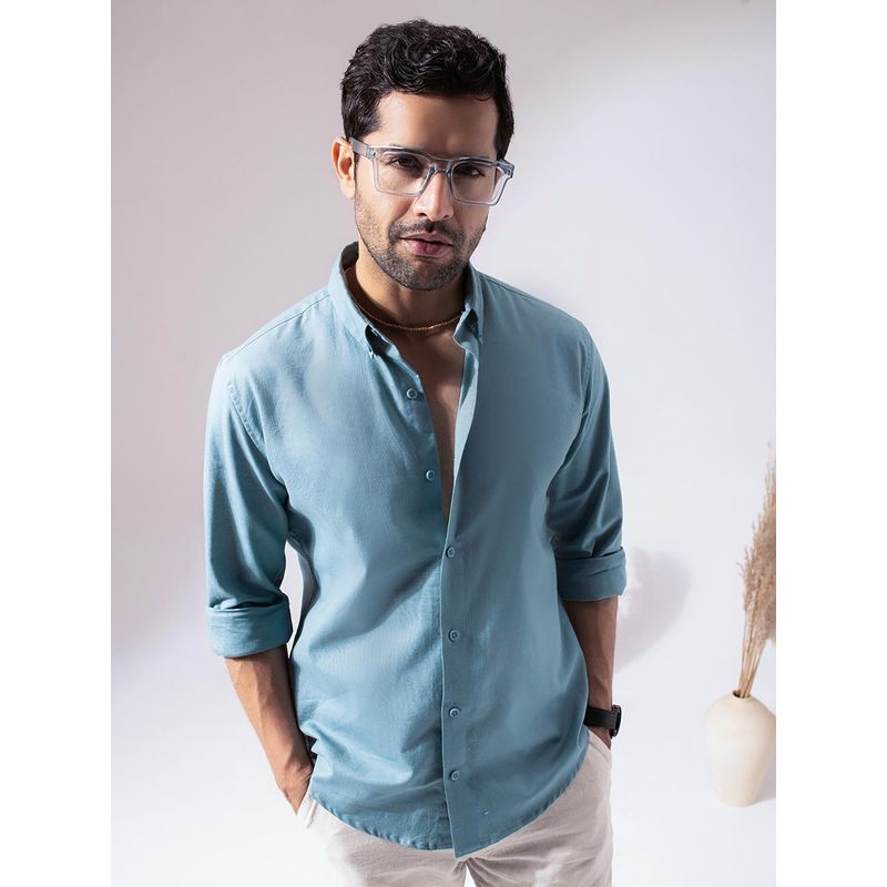 Perch Men Sky Blue Linen Cotton Button Down Solid Shirt (2XL)