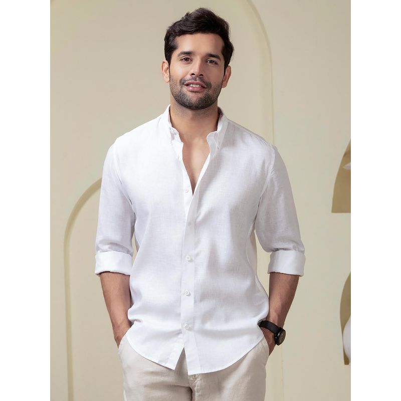 Perch Men White Linen Cotton Button Down Solid Shirt (L)