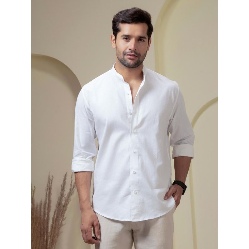 Perch Men White Linen Cotton Band Collar Solid Shirt (XL)