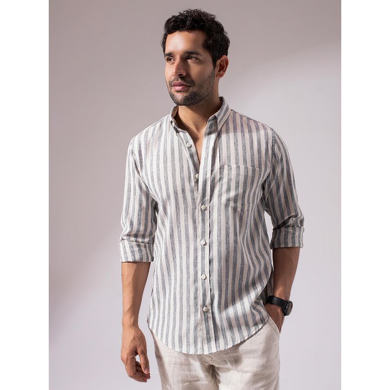 Perch Men Black Stripes Linen Cotton Shirt (M)