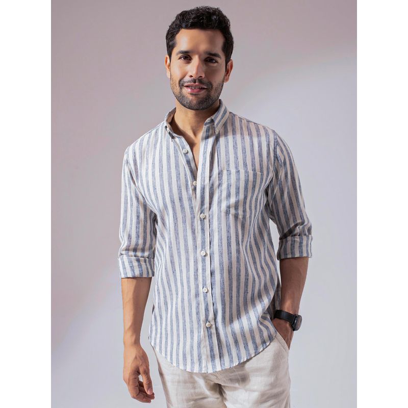 Perch Men Ocean Blue Stripes Linen Cotton Shirt (L)
