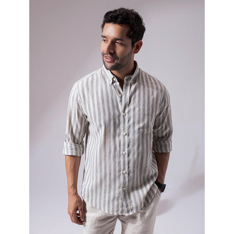 Perch Men Sage Green Stripes Linen Cotton Shirt (M)