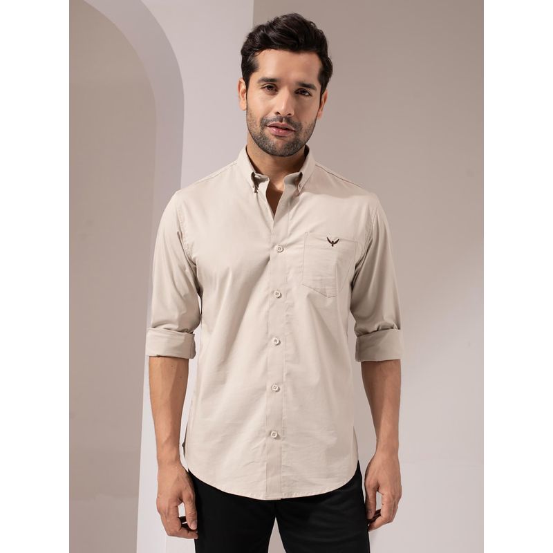Perch Men Beige Band Collar Solid Cotton Shirt (S)