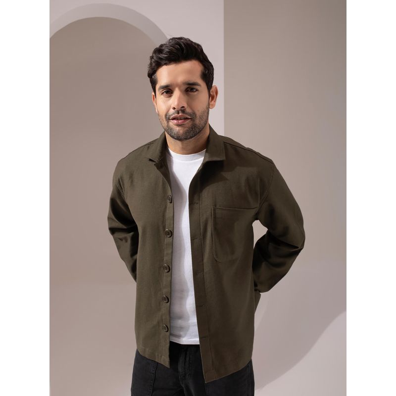 Perch Men Olive Green Solid Two Pocket Shacket (S)