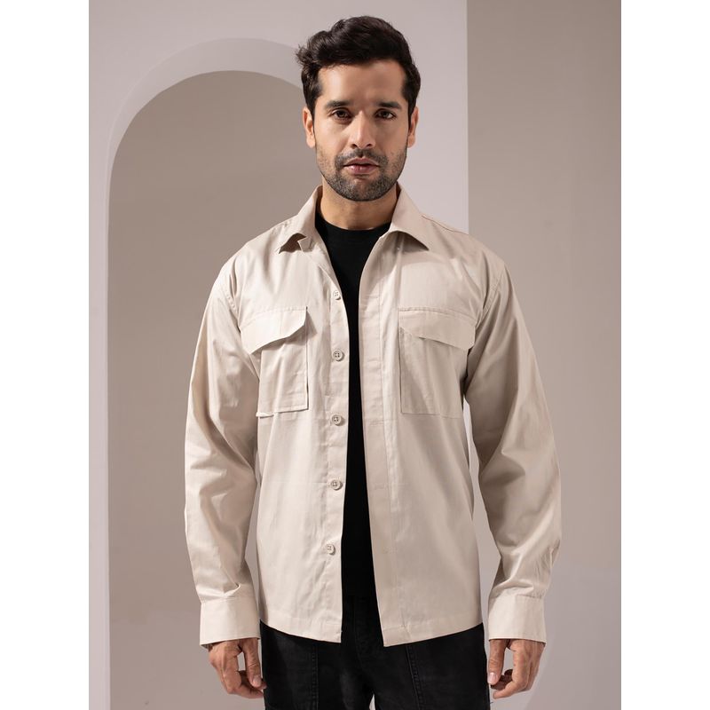 Perch Men Beige Solid Two Pocket Shacket (S)