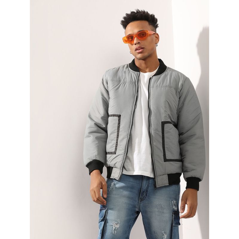 Campus Sutra Men'S Light Grey Zip Front Puffer Jacket With Contrast Detail (XL)