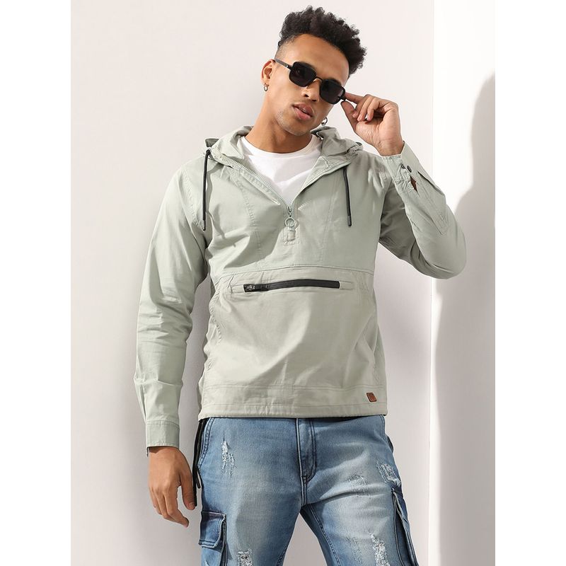 Campus Sutra Men'S Sage Green Half Zip Utility Jacket With Contrast Drawstring (XL)