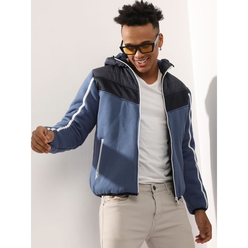 Campus Sutra Men'S Prussian Blue Contrast Panel Puffer Jacket With Insert Pocket (M)