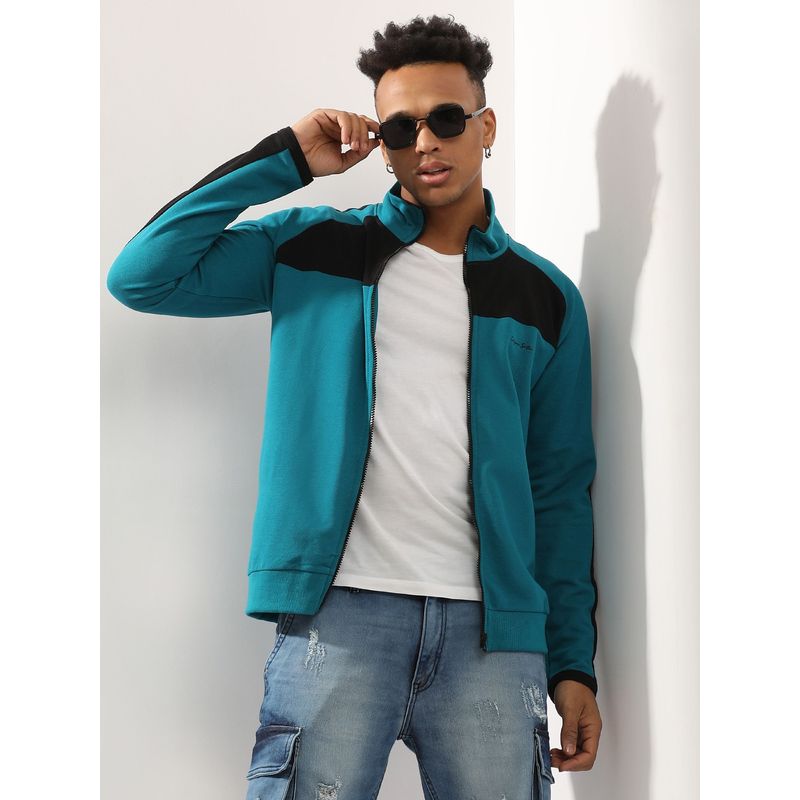Campus Sutra Men'S Teal Blue Zip Front Jacket With Contrast Detail (S)