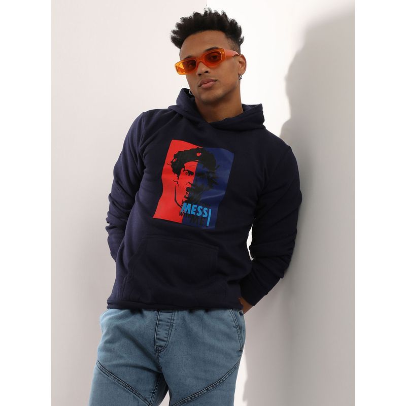 Campus Sutra Men'S Navy Blue Messi Hoodie With Kangaroo Pocket (S)