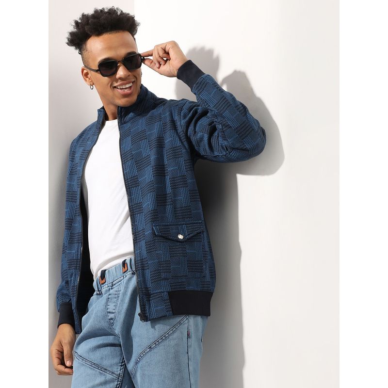 Campus Sutra Men'S Blue Textured Jacket With Flap Pocket (M)