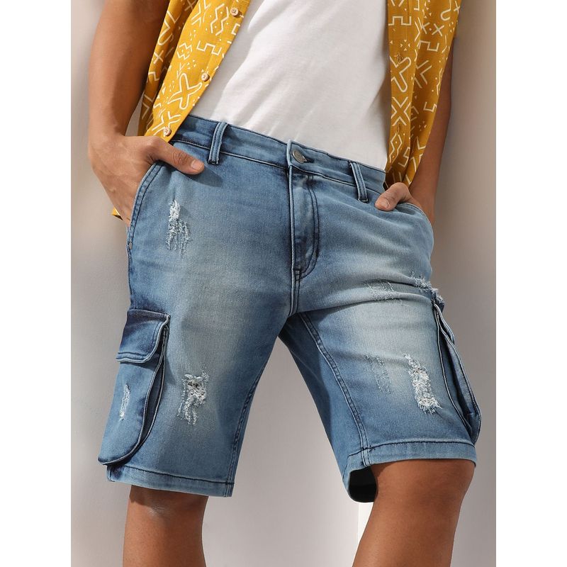 Campus Sutra Men'S Blue Distressed Cargo Denim Shorts (36)