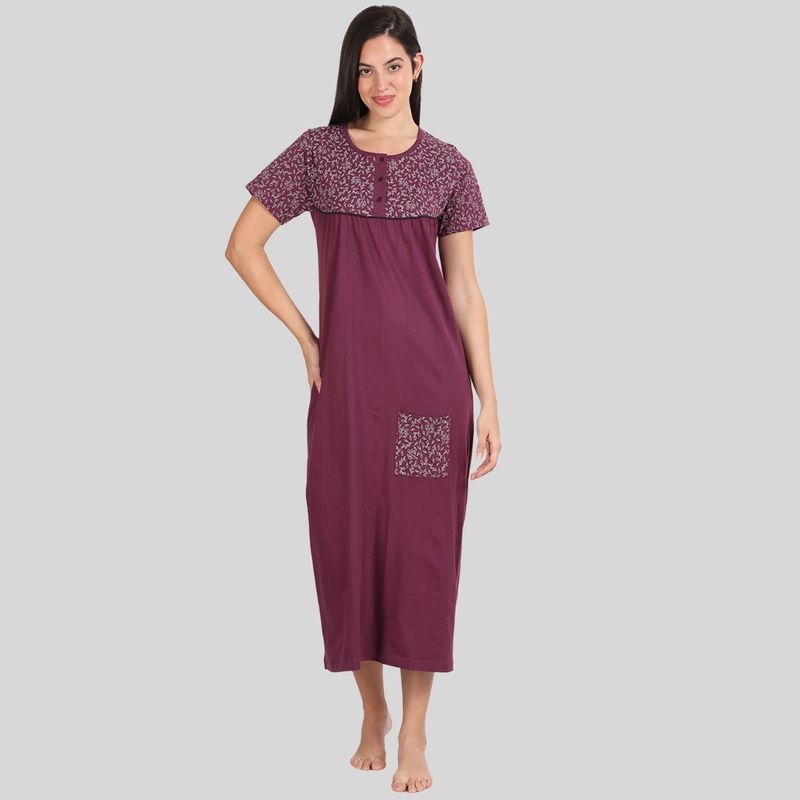 Kryptic Womens Burgundy Floral Printed Pure Cotton Maxi Nightdress (M)