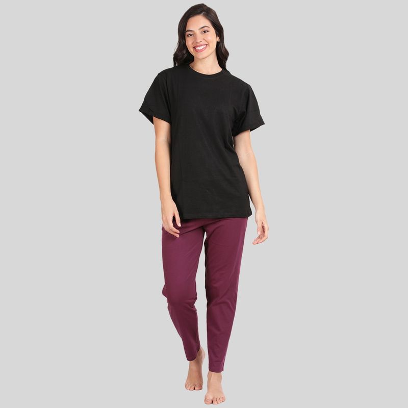 Kryptic Womens Cotton Black and Burgundy Relaxed Fit Pyjama (Set of 2) (M)