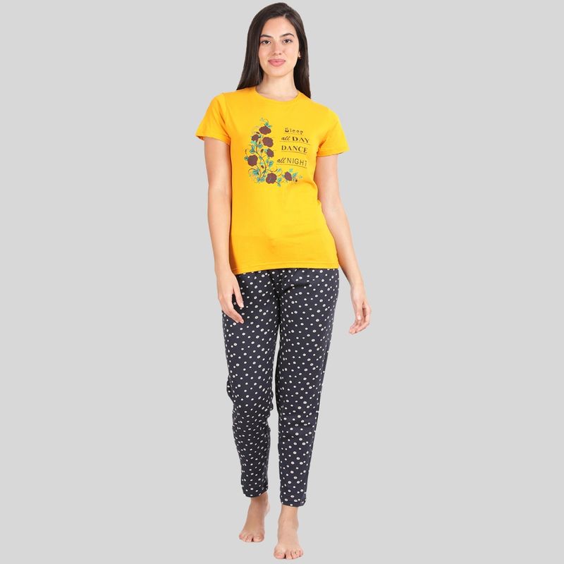 Kryptic Womens Cotton Mustard and Navy Relaxed Fit Pyjama (Set of 2) (S)