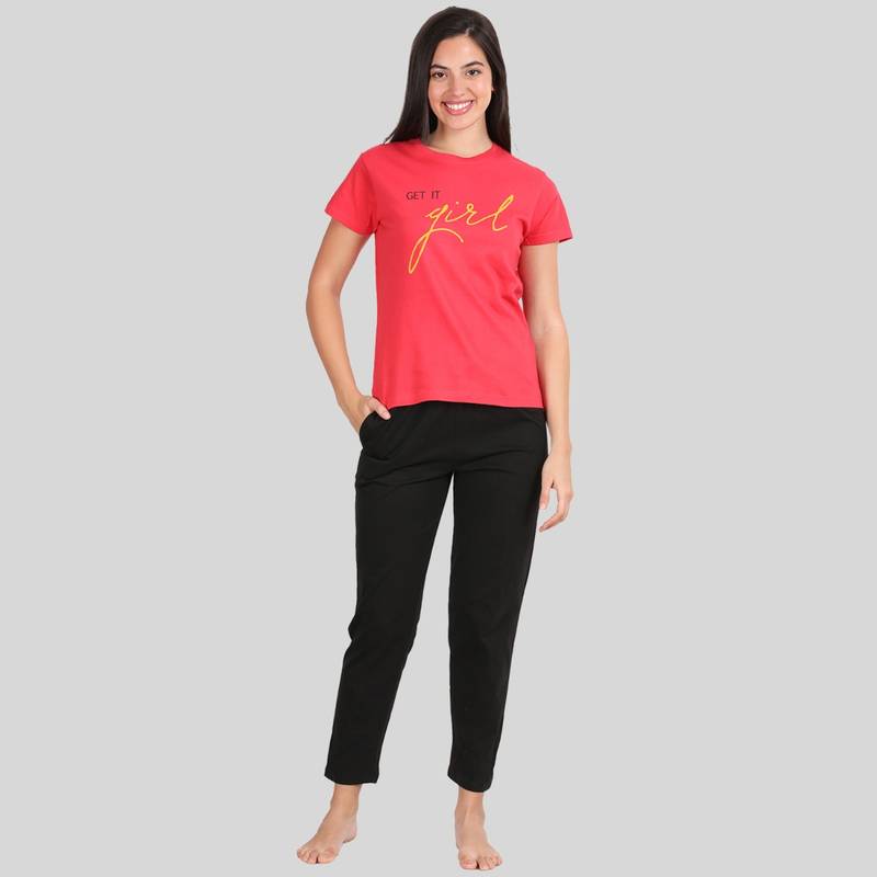 Kryptic Womens Cotton Pink and Black Relaxed Fit Pyjama (Set of 2) (M)