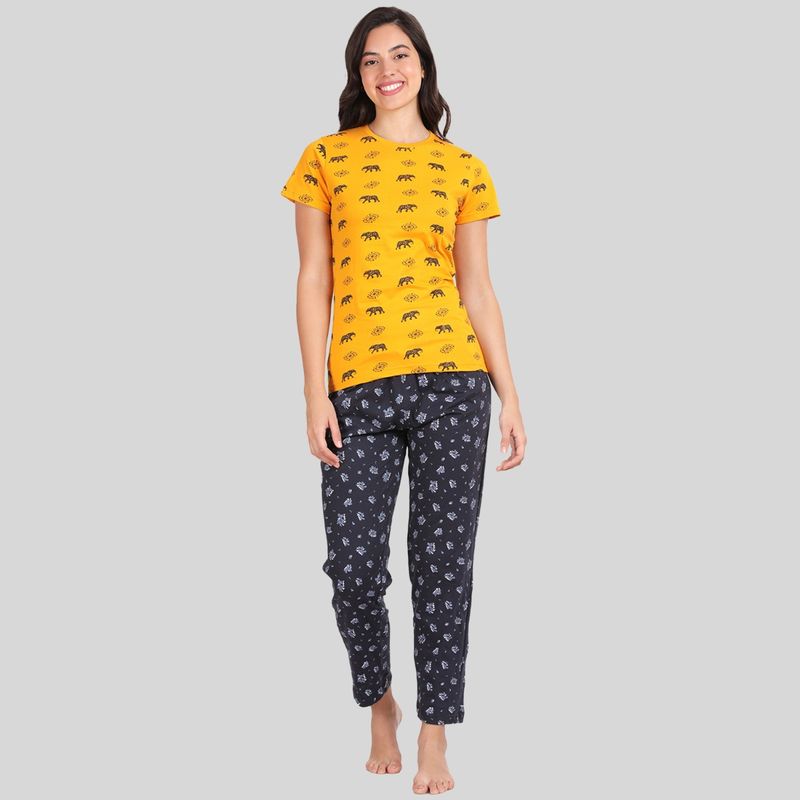 Kryptic Womens Cotton Mustard and Navy Relaxed Fit Pyjama (Set of 2) (XL)