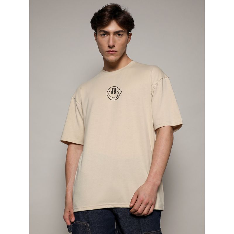 CAHOOT Beige Mens Printed Oversized Basic T-Shirt (S)