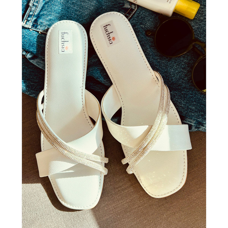 Fuchsia by Aashka Mehta White Summer Sliders Flats (EURO 38)