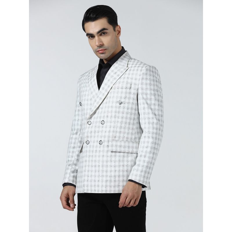 TAHVO Men White Checked Double Breasted Blazer (36)