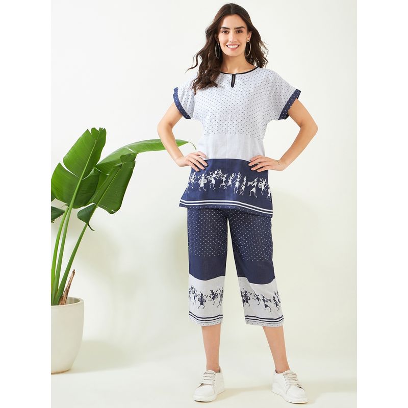 The Kaftan Company Navy Warli Jacquard Handloom Weave Cotton Capri and Top (Set of 2) (S)