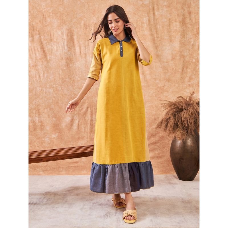 The Kaftan Company Summer Yellow Colorblock Handloom Cotton Nightdress (M)