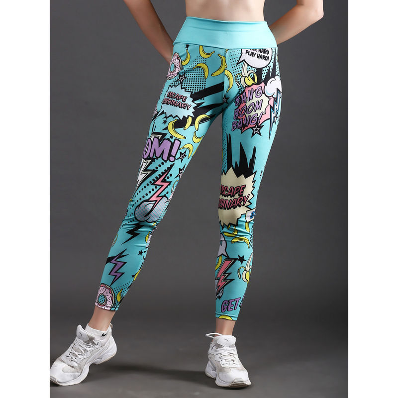 The Dance Bible Mint Blue Boom Printed Gym Tights for Women (XL)