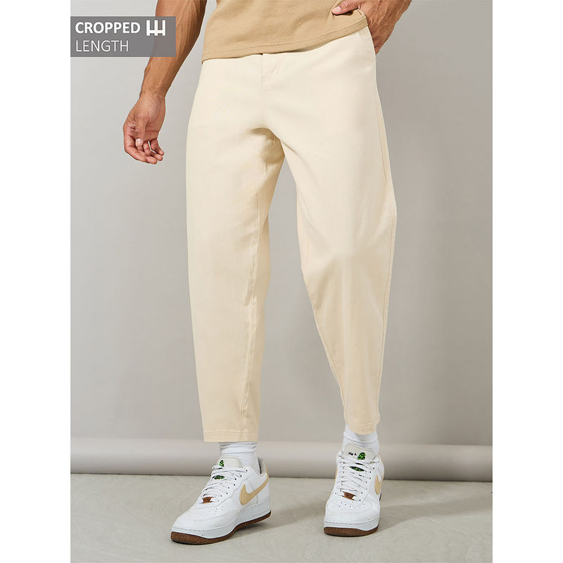 Styli Men's Cream Stretch Twill Balloon Fit Chino Cotton Pants (L)