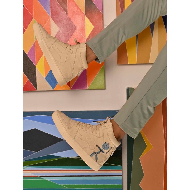7-10 304 Beige Doodle Print Canvas High-Top Sneaker (EURO 44)