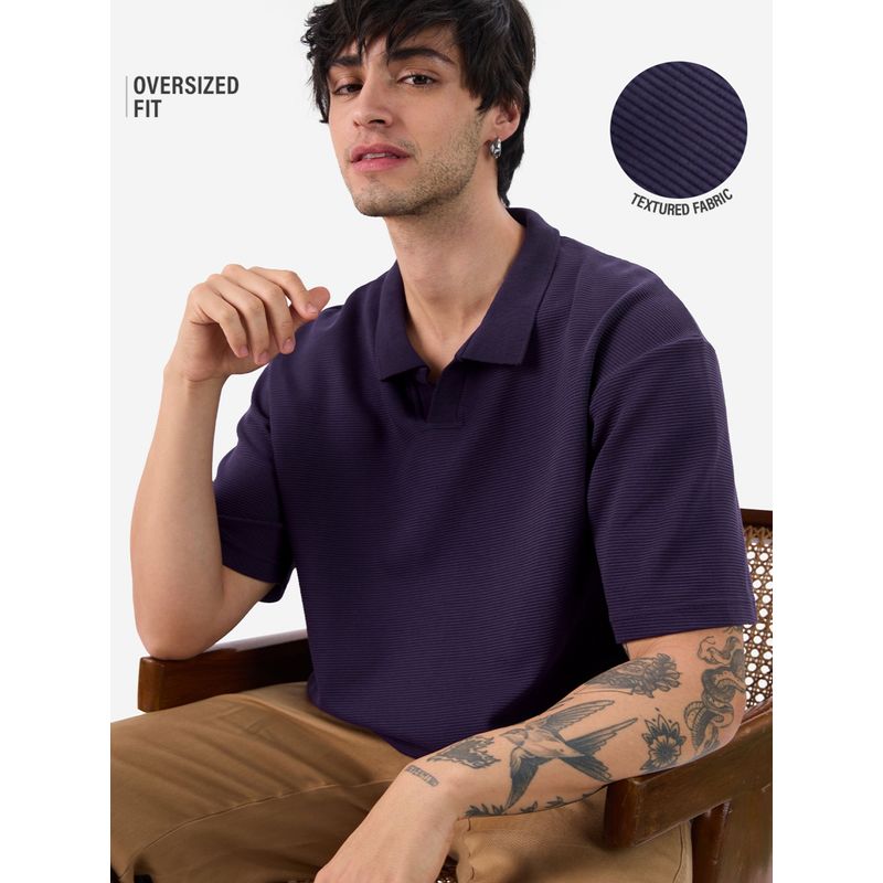 The Souled Store Textured Berry Purple Oversized Polo T-Shirt (XL)