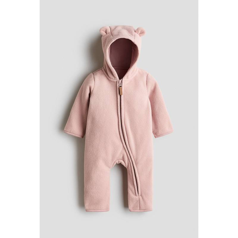 H&M Unisex Pink Hooded Fleece All-In-One Rompersuit (0-1 Months)