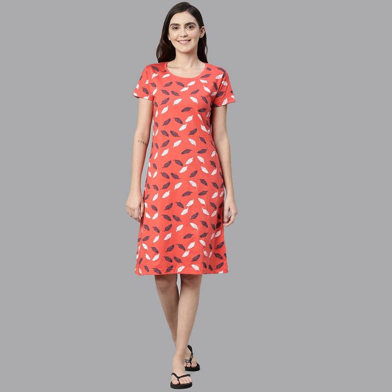 Kryptic Orange White Printed Nightdress (M)