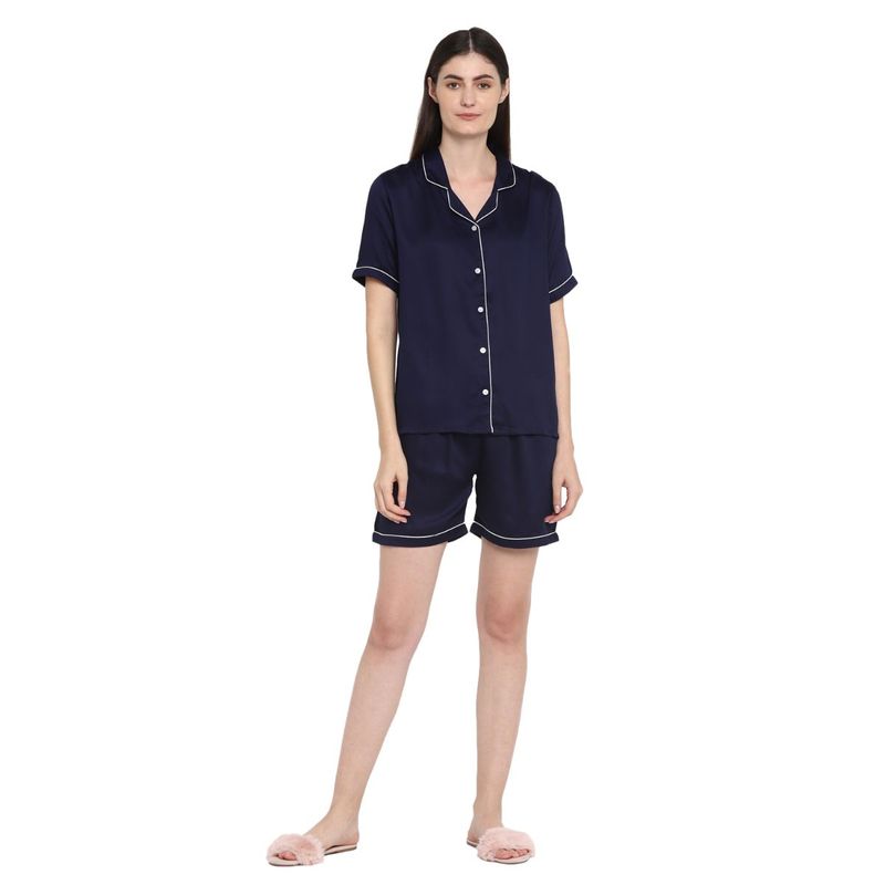 Shopbloom Ultra Soft Navy Modal Satin Short Sleeve Women's Shorts Set - Navy Blue (XS)