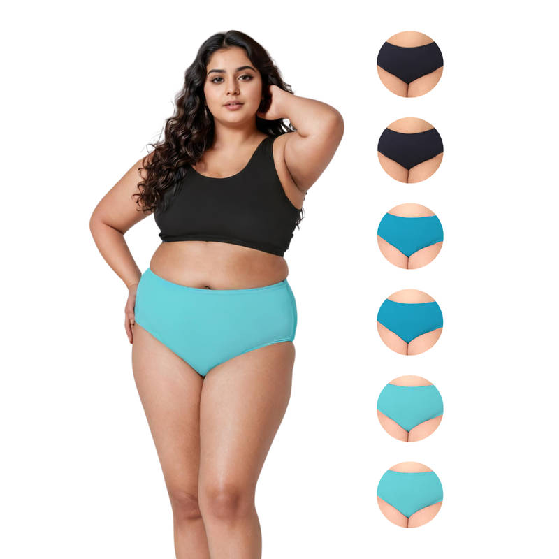 Adira Plus Size High Waisted Navy Blue & Blue Briefs (Pack of 6) (3XL)