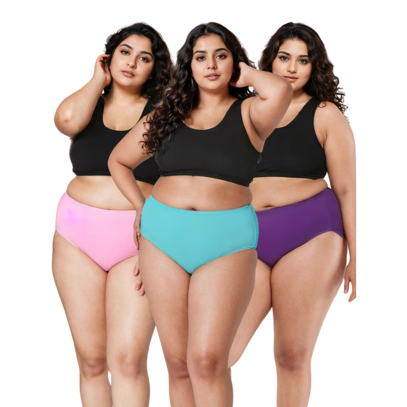 Adira Plus Size High Waisted Pink Blue & Purple Briefs (Pack of 3) (5XL)