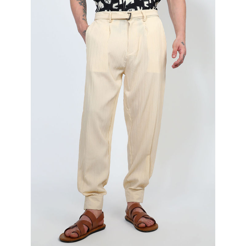 Campus Sutra Men's Pale Beige Textured Cuff-Hem Trouser with Belt (Set of 2) (30)