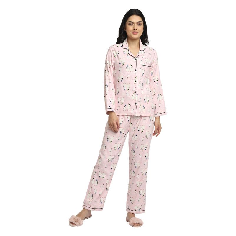 Shopbloom Light Pink Penguin Print Cotton Flannel Long Sleeve Women'S Night Suit (M)