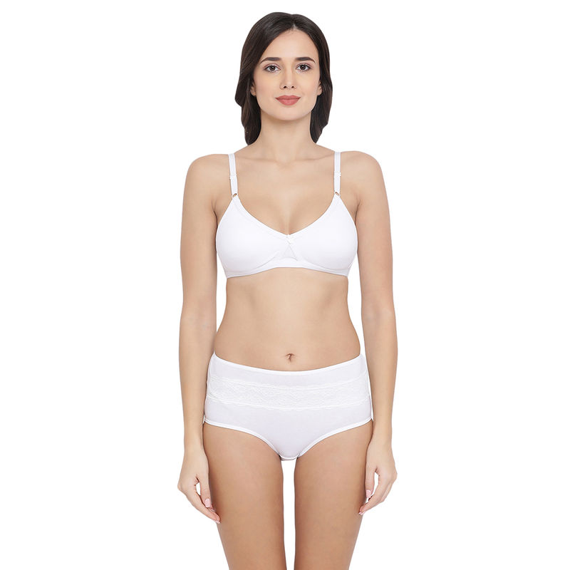 Clovia Non-Padded Wirefree Cross-Over Cup T-shirt Bra & High Waist Hipster Panty - White (32C)