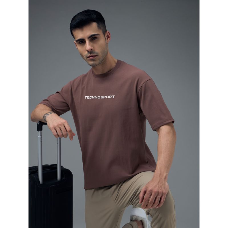 Technosport Men Mauve Printed Oversized Fit Crew Neck T-Shirt (M)