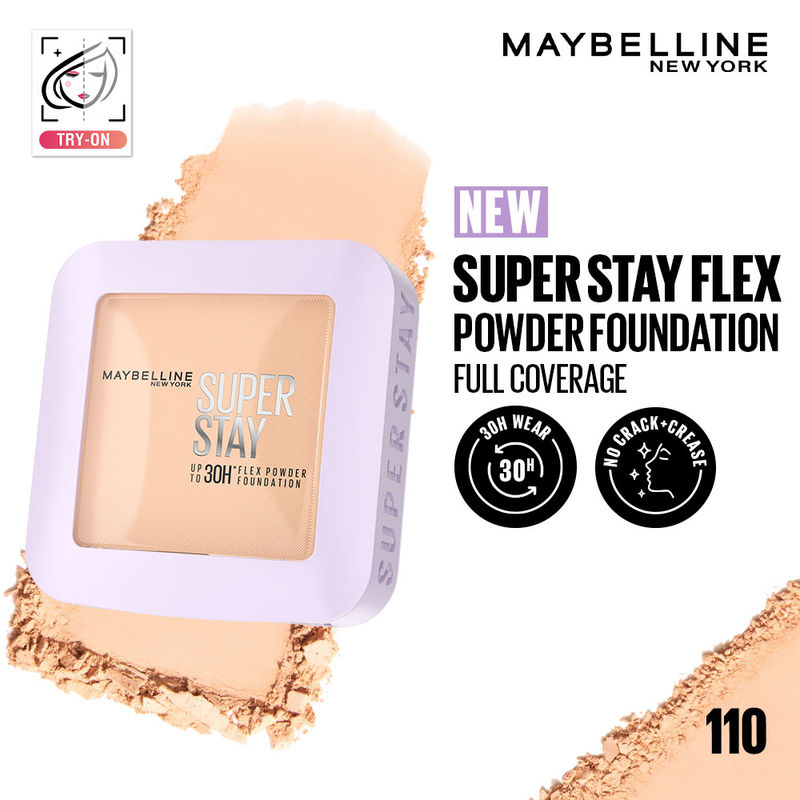 Maybelline New York Super Stay Flex Powder Foundation Compact-30H Full Cover-for Oily Skin - 110
