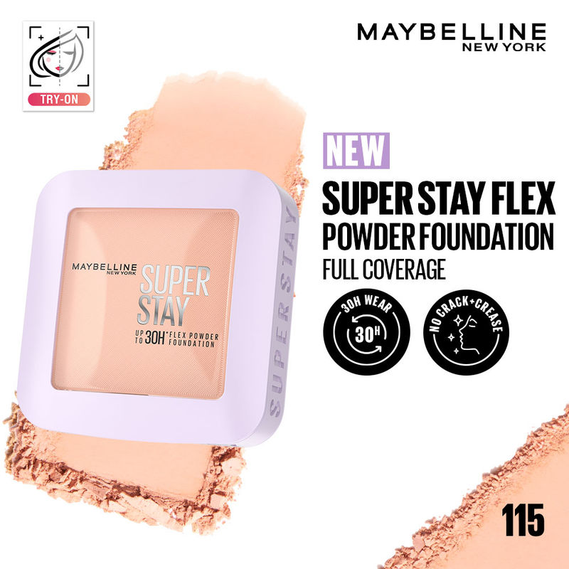Maybelline New York Super Stay Flex Powder Foundation Compact-30H Full Cover-for Oily Skin - 115