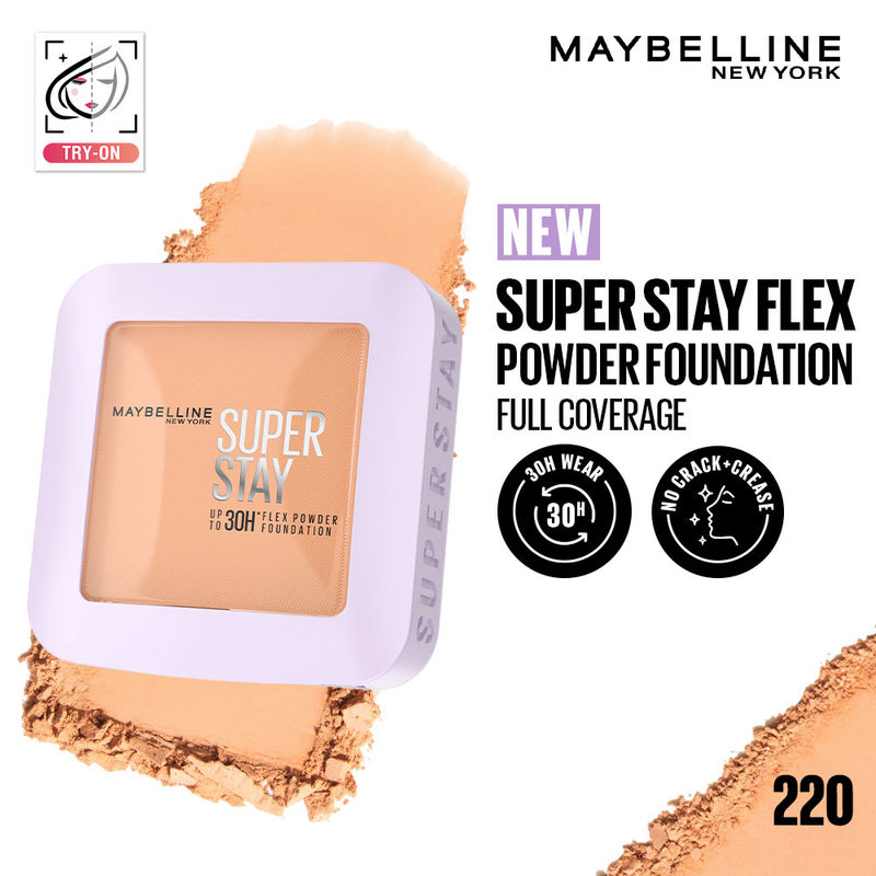 Maybelline New York Super Stay Flex Powder Foundation Compact-30H Full Cover-for Oily Skin - 220