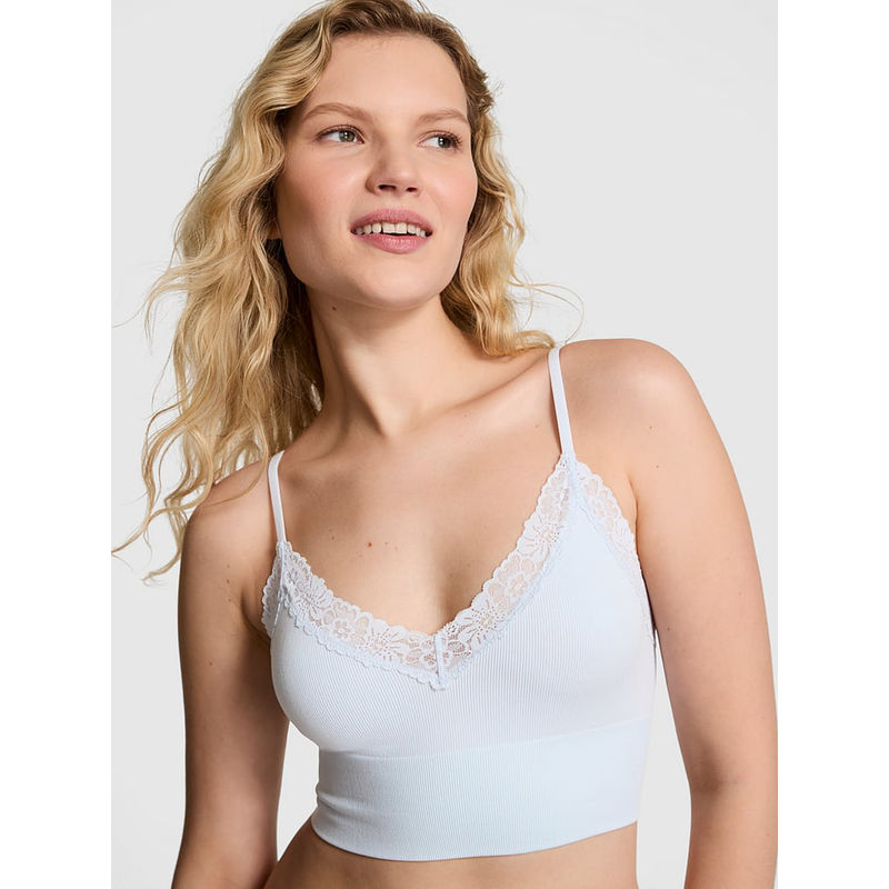 Victoria's Secret Pink Seamless Rib Unlined Longline Blue Bralette (S DD)