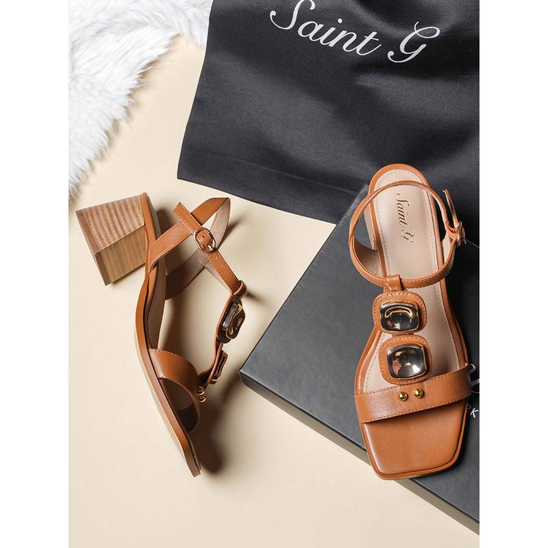 Saint G Women Gold Trim Brown Leather Block Heels (UK 3)