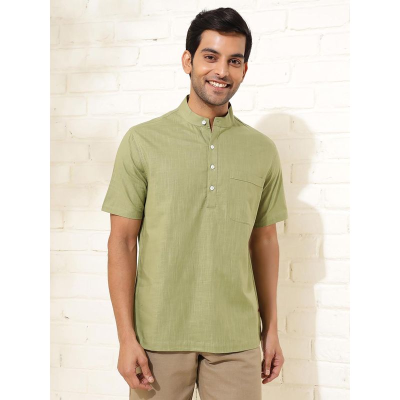 Buy Fabindia Men Green Mandarin Neck Half Sleeves Shirt Online