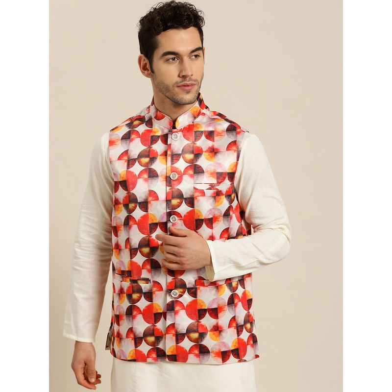SOJANYA Silk Blend Off White Printed Only Nehru Jacket (S)