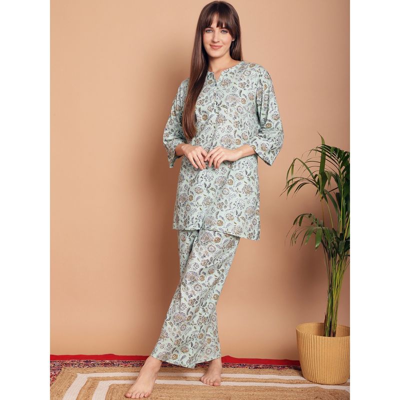 Indreams Women Floral Printed Kurti Pyjamas Night Suit (Set of 2) (3XL)