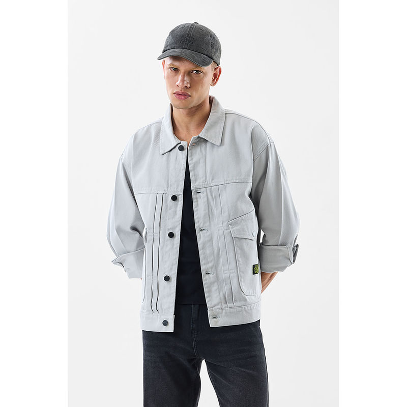 Snitch Light Grey Solid Full Sleeves Relaxed Casual Shacket (M)